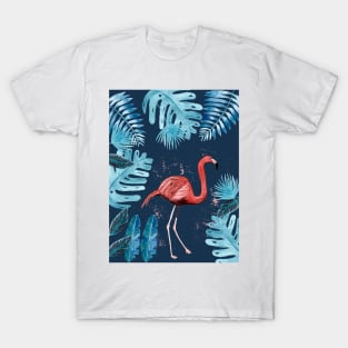 Flamingo with tropical leaves and an indigo background T-Shirt